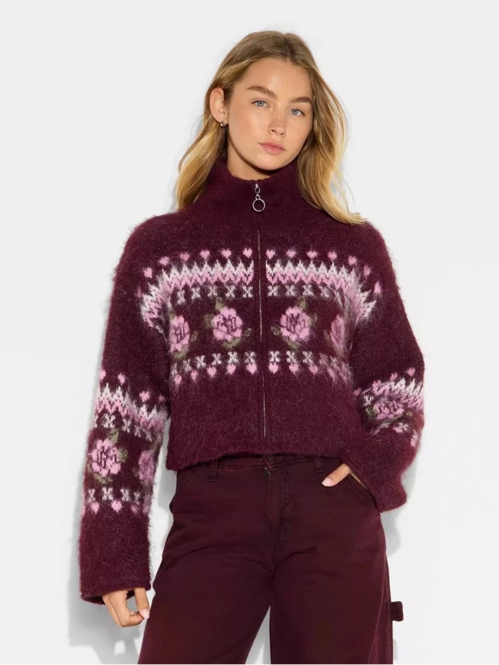wild fable Burgundy & Pink Fair Isle Zip-Up Sweater